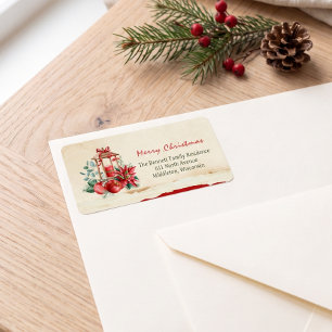 Green Pine Christmas Red Poinsettia Return Address Label