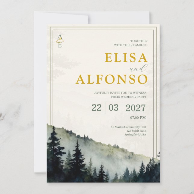 Green Pine Classic Watercolor Monogram Wedding  Invitation (Front)