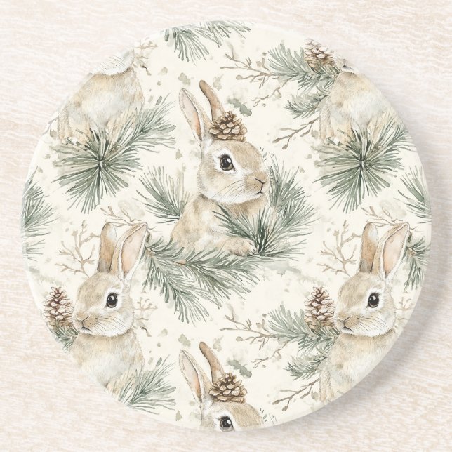 Green Pine Cones Bunny Rabbits Christmas Coaster (Front)