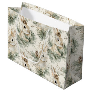 Green Pine Cones Bunny Rabbits Christmas Large Gift Bag