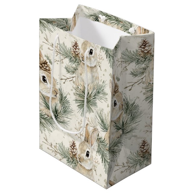 Green Pine Cones Bunny Rabbits Christmas Medium Gift Bag (Front Angled)