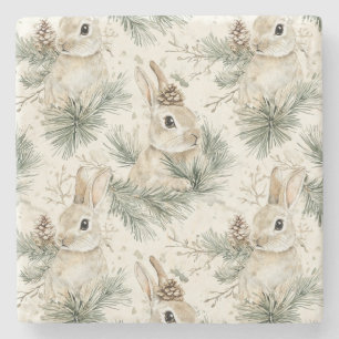 Green Pine Cones Bunny Rabbits Christmas Stone Coaster