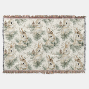 Green Pine Cones Bunny Rabbits Christmas Throw Blanket
