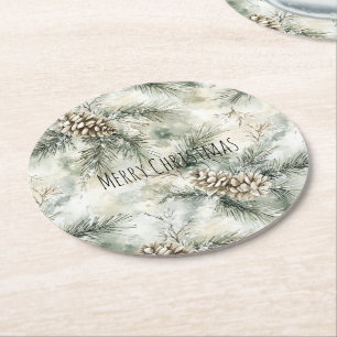 Green Pine Cones Christmas Round Paper Coaster