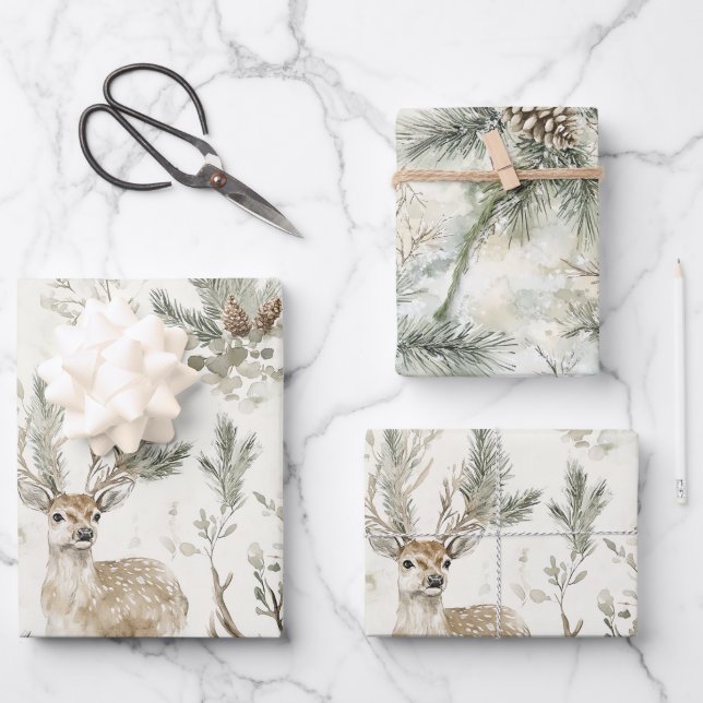 Green Pine Cones Deer Christmas Wrapping Paper Sheet (Front)