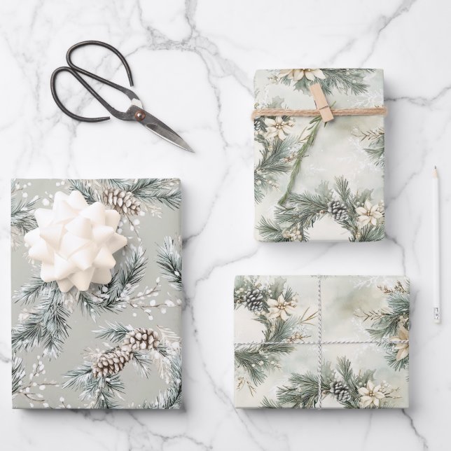 Green Pine Cones Wreaths Christmas Wrapping Paper Sheet (Front)