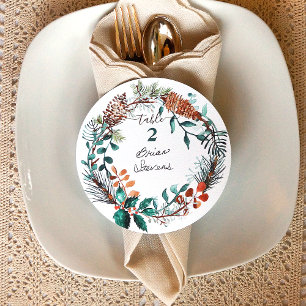 Green Pine Eucalyptus Pinecone Wreath Name Labels Invitation