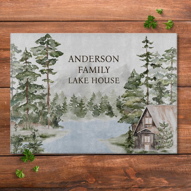 Green Pine Forest Family Lake House Cabin Cutting Board (In situ)