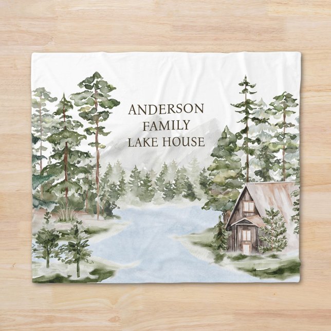 Green Pine Forest Family Lake House Cabin Fleece Blanket (In situ)