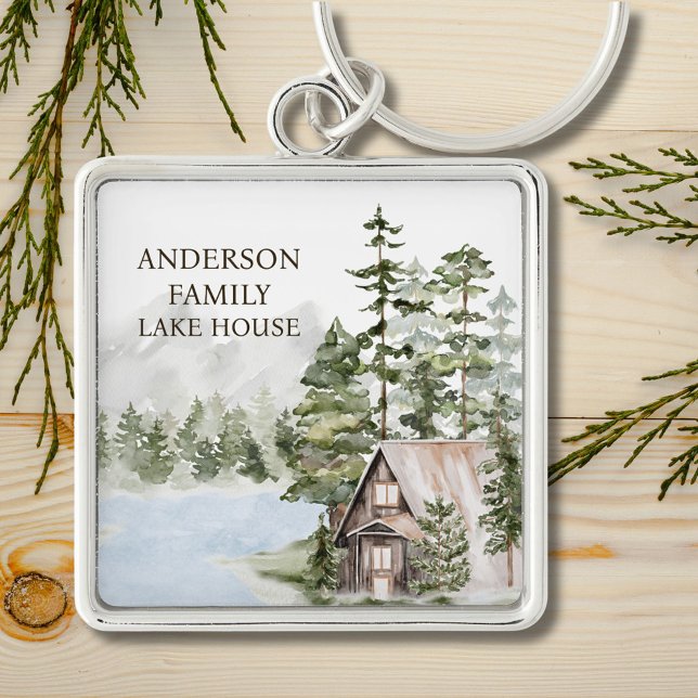 Green Pine Forest Family Lake House Cabin Key Ring (In situ)