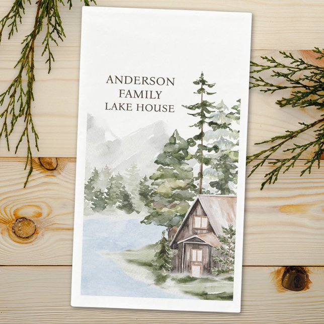 Green Pine Forest Family Lake House Cabin Napkin (Close up)