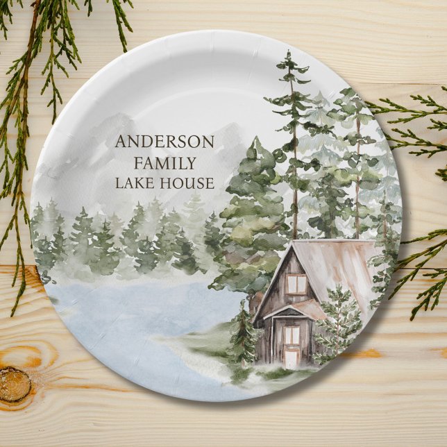 Green Pine Forest Family Lake House Cabin Paper Plate (Close up)