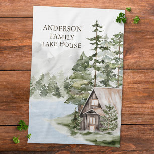 Green Pine Forest Family Lake House Cabin Tea Towel