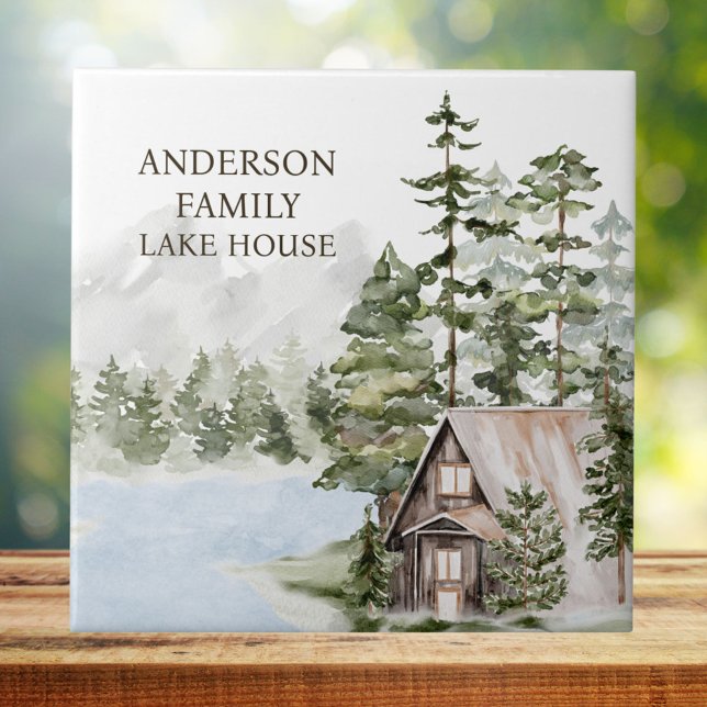 Green Pine Forest Family Lake House Cabin Tile (Close up)