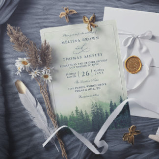 Green Pine Forest Rustic Budget QR Code Wedding Invitation