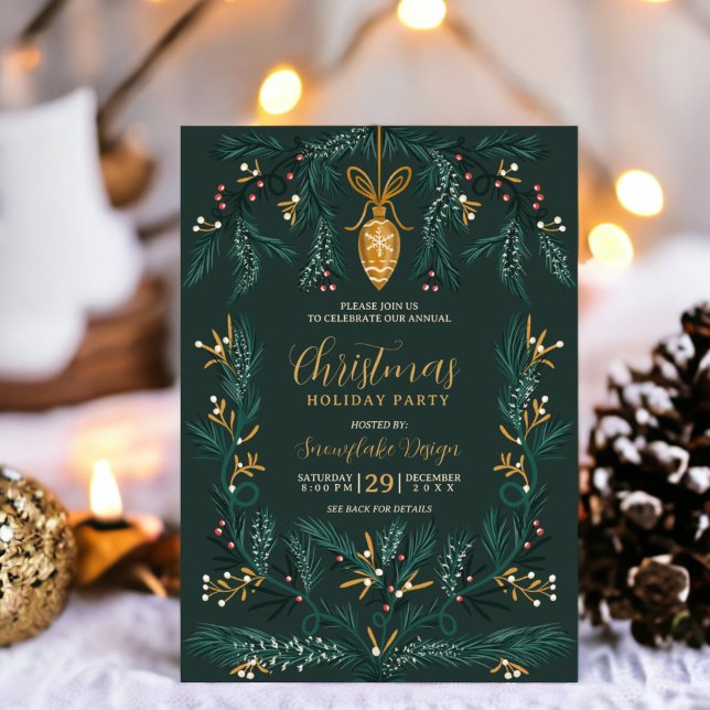 Green pine illustration gold corporate Christmas Invitation (Green pine illustration gold corporate Christmas Invitation)