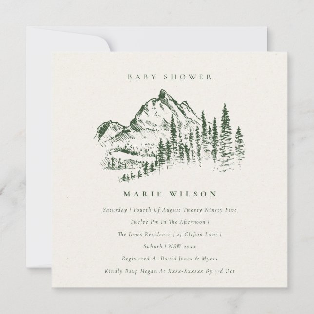 Green Pine Mountain Sketch Baby Shower Invite (Front)