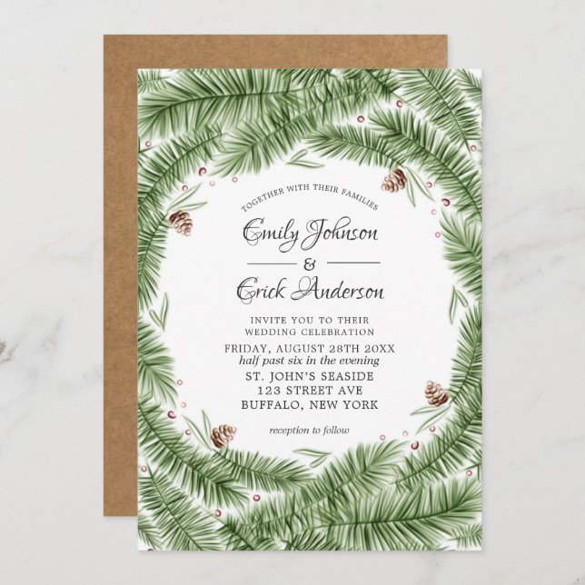 Green Pine Needle Pinecone Kraft Christmas Wedding Invitation (Front/Back)