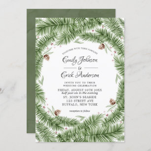 Green Pine Needles Pinecones Christmas Wedding  Invitation