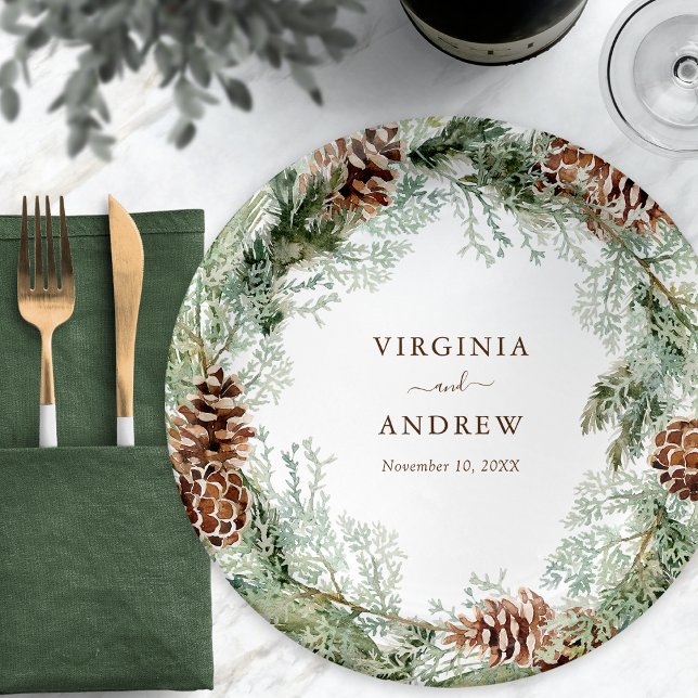 Green Pine Paper Plate (Green Watercolor Evergreen Pinecones Paper Plates by Painted Paperie)