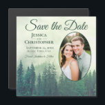 Green Pine Rustic Oval Photo Wedding Save the Date Magnetic Invitation<br><div class="desc">These beautiful magnetic save the date cards are the perfect way to let your friends and family know about your upcoming wedding. They feature a rustic watercolor design with a mountain of green pine trees shrouded in mist or fog. The caption reads Save the Date with space for your names,...</div>
