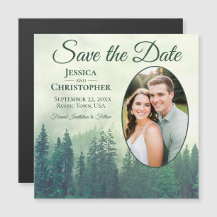 Green Pine Rustic Oval Photo Wedding Save the Date Magnetic Invitation