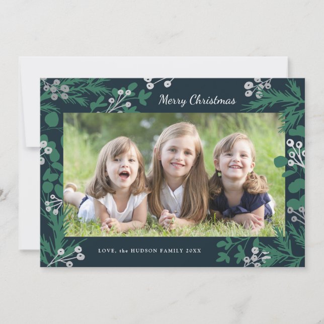 Green Pine Silver Foil Berries Christmas One Photo Holiday Card (Front)