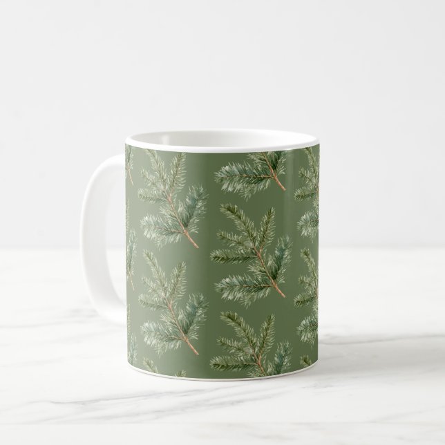 Green Pine Tree Branches Christmas Coffee Mug (Front Left)