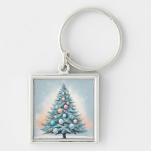 Green Pine Tree & Snowflakes Blue Orange Coral O Key Ring