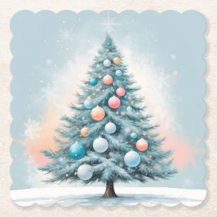 Green Pine Tree & Snowflakes Blue Orange Coral Paper Coaster