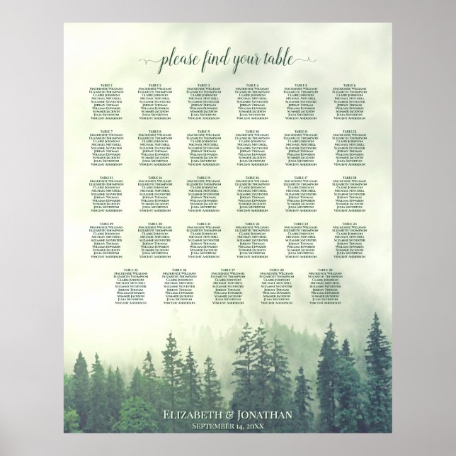 Green Pine Trees 29 Table Wedding Seating Chart (Front)