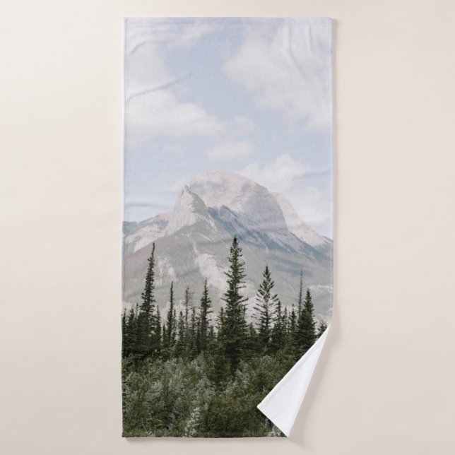 GREEN PINE TREES NEAR MOUNTAIN UNDER WHITE CLOUDS BATH TOWEL (Bath Towel)