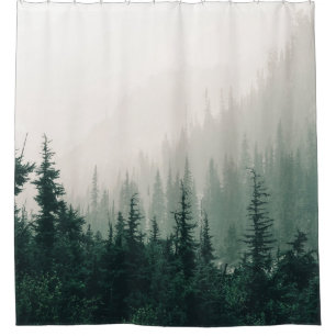 GREEN PINE TREES ON FOGGY WEATHER SHOWER CURTAIN
