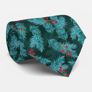 Green Pine Twigs and Red Berries Christmas Pattern Tie