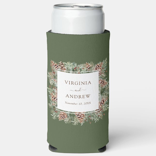 Green Pine Wedding Seltzer Can Cooler (Hunter Green Pinecone Greenery Wedding Seltzer Can Cooler by Painted Paperie
)