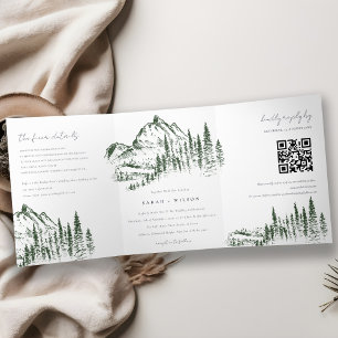 Green Pine Woods Mountain Sketch Wedding QR Code Tri-Fold Announcement