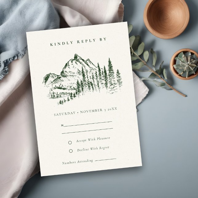 Green Pine Woods Mountain Sketch Wedding RSVP Invitation (Creator Uploaded)