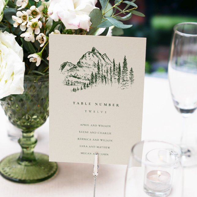 Green Pine Woods Mountain Sketch Wedding Table Number (Creator Uploaded)