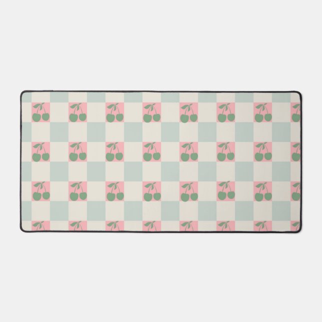 Green Pink Aesthetic Cherry Chequered Y2K Pattern Desk Mat (Front)