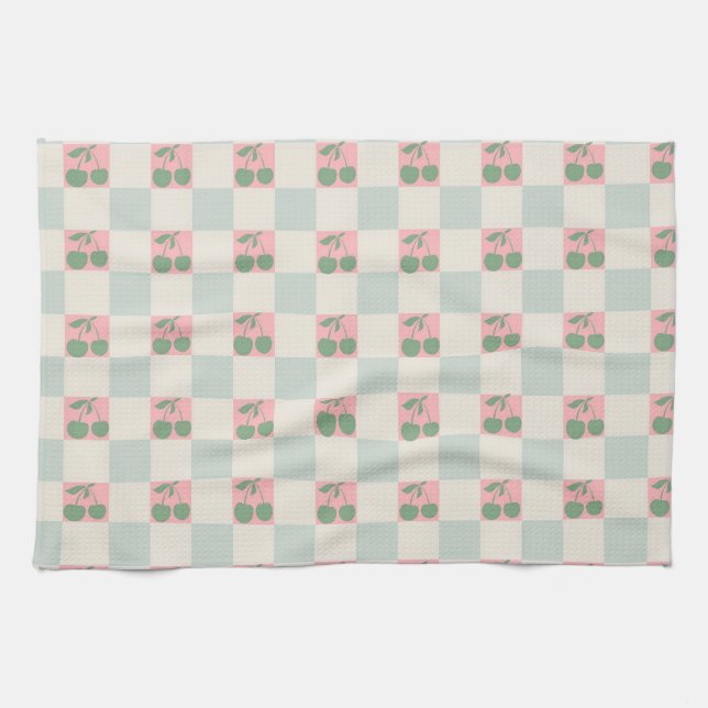 Green Pink Aesthetic Cherry Chequered Y2K Pattern Tea Towel (Horizontal)
