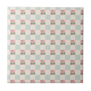 Green Pink Aesthetic Cherry Chequered Y2K Pattern Tile