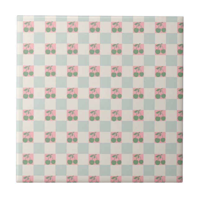 Green Pink Aesthetic Cherry Chequered Y2K Pattern Tile (Front)