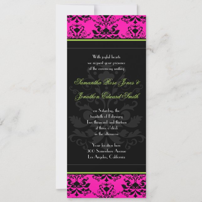 Green Pink and Black Damask Slim Wedding Invite (Front)