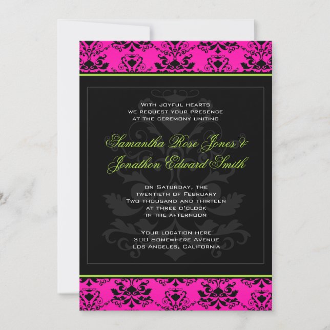 Green Pink and Black Damask Wedding Invitation (Front)