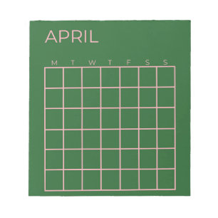 Green Pink April Undated Calendar for Organisation Notepad
