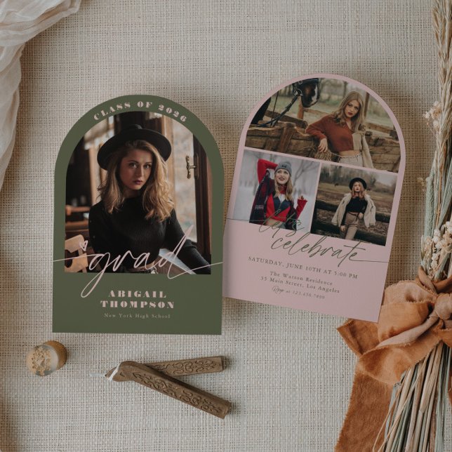 Green & Pink Arch Photo Script Graduation Invitation (Creator Uploaded)
