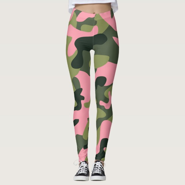 Green & Pink Army Camo Camouflage Leggings (Front)