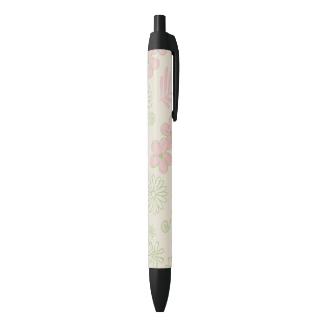 Green Pink Beige Retro Y2K 70s Flower Pattern Black Ink Pen (Bottom (Vertical))