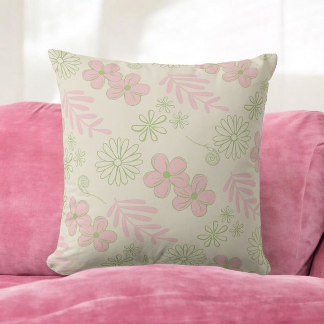 Green Pink Beige Retro Y2K 70s Flower Pattern Cushion (Creator Uploaded)