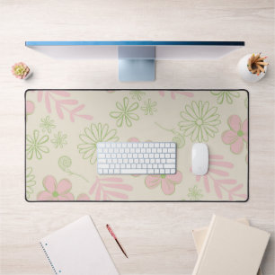 Green Pink Beige Retro Y2K 70s Flower Pattern Desk Mat
